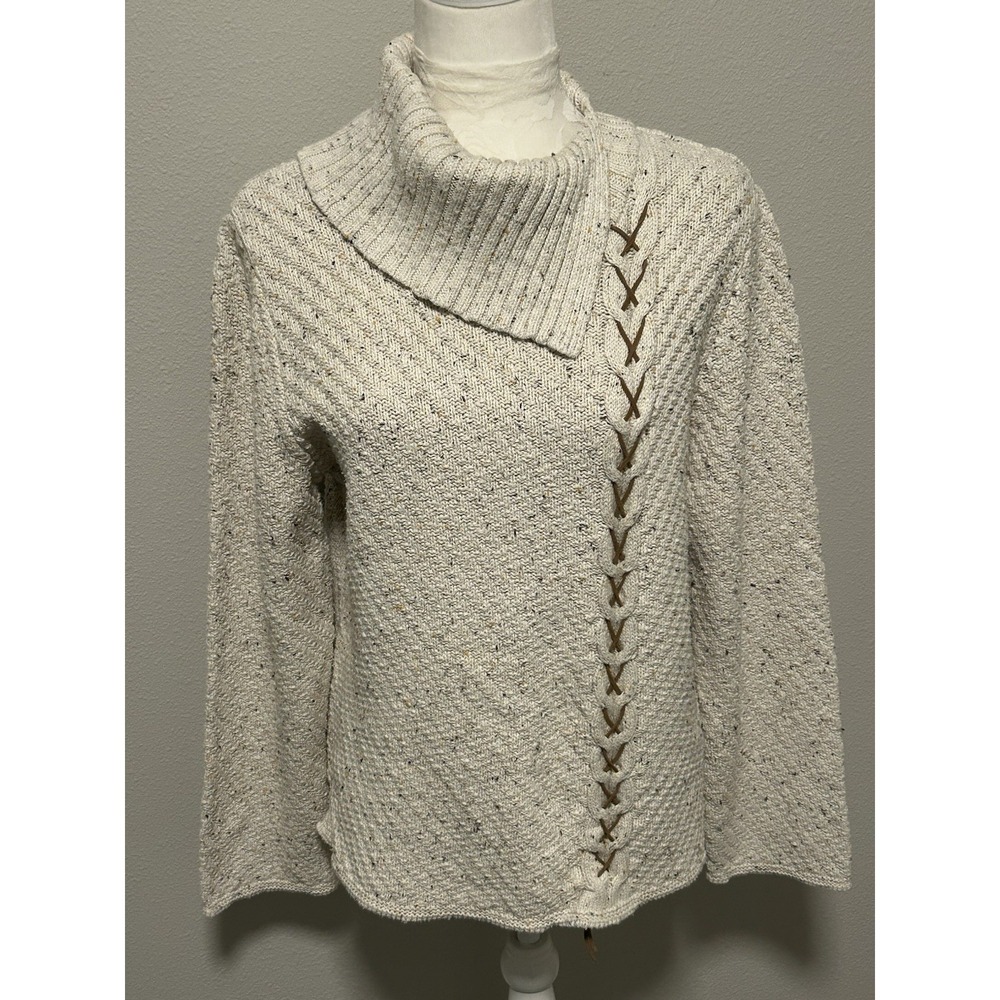 Ivory Cotton Fisherman Knit Turtleneck Sweater S Brown Suede Laced Cozy Cottage